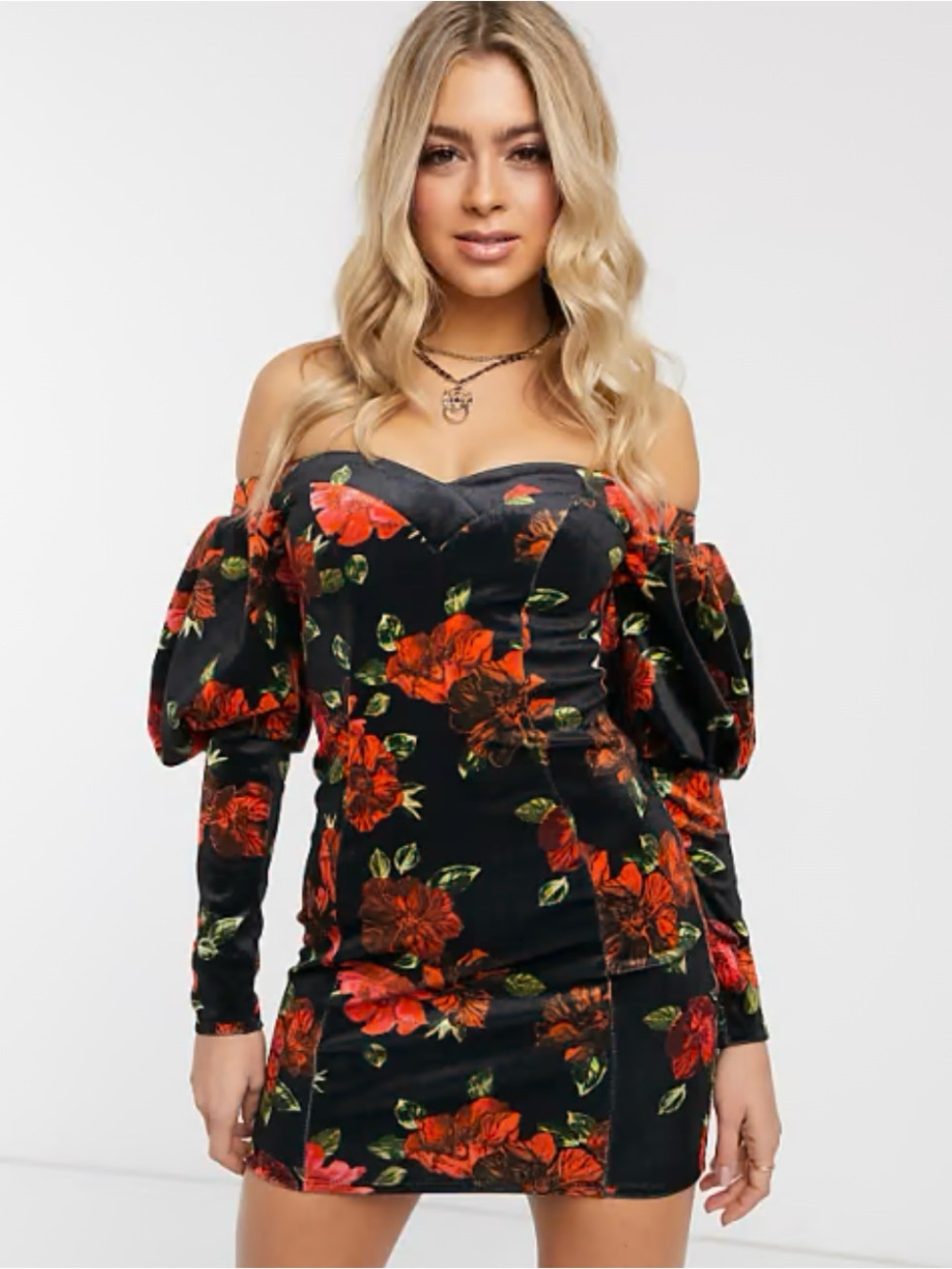 ASOS Design Off The Shoulder Floral Bonded Velvet Romantic Whimsygoth Mini Dress